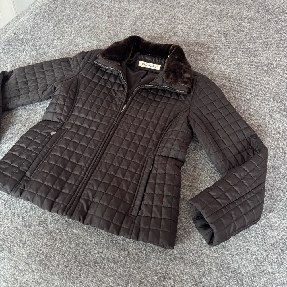 Vintage Dockers Women's Puffy Quilted Jacket Black Fur Neck size M - Picture 2 of 14